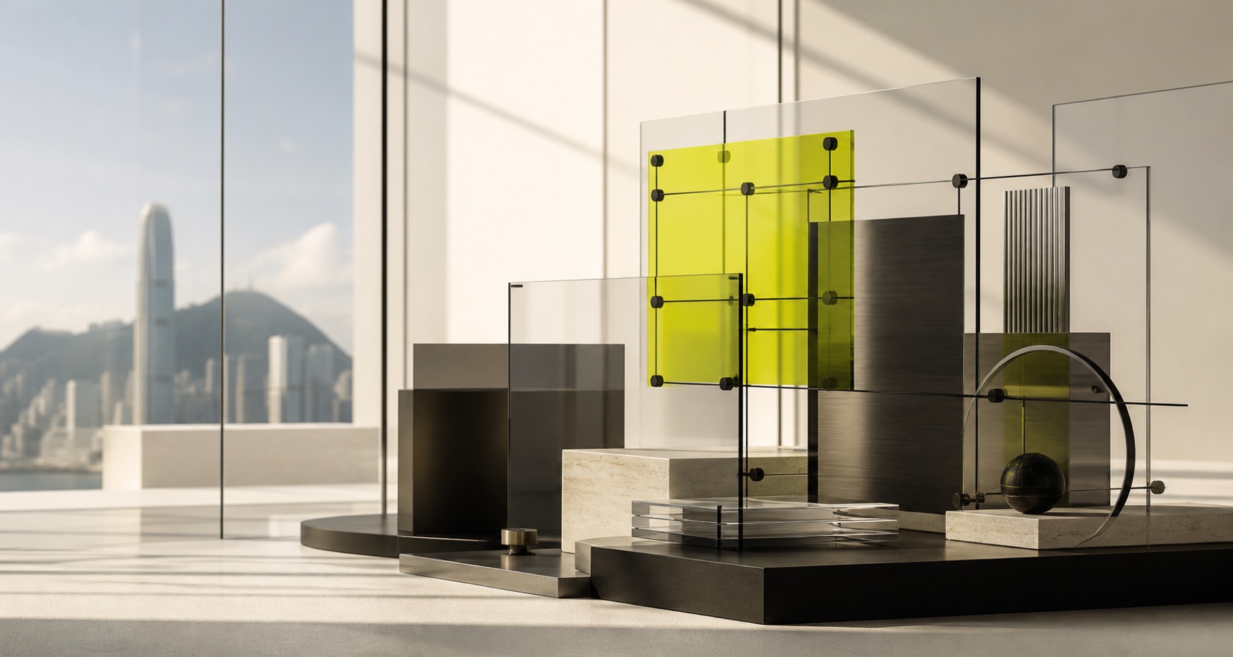 An architectural composition of glass, metal and connected structures overlooking Hong Kong